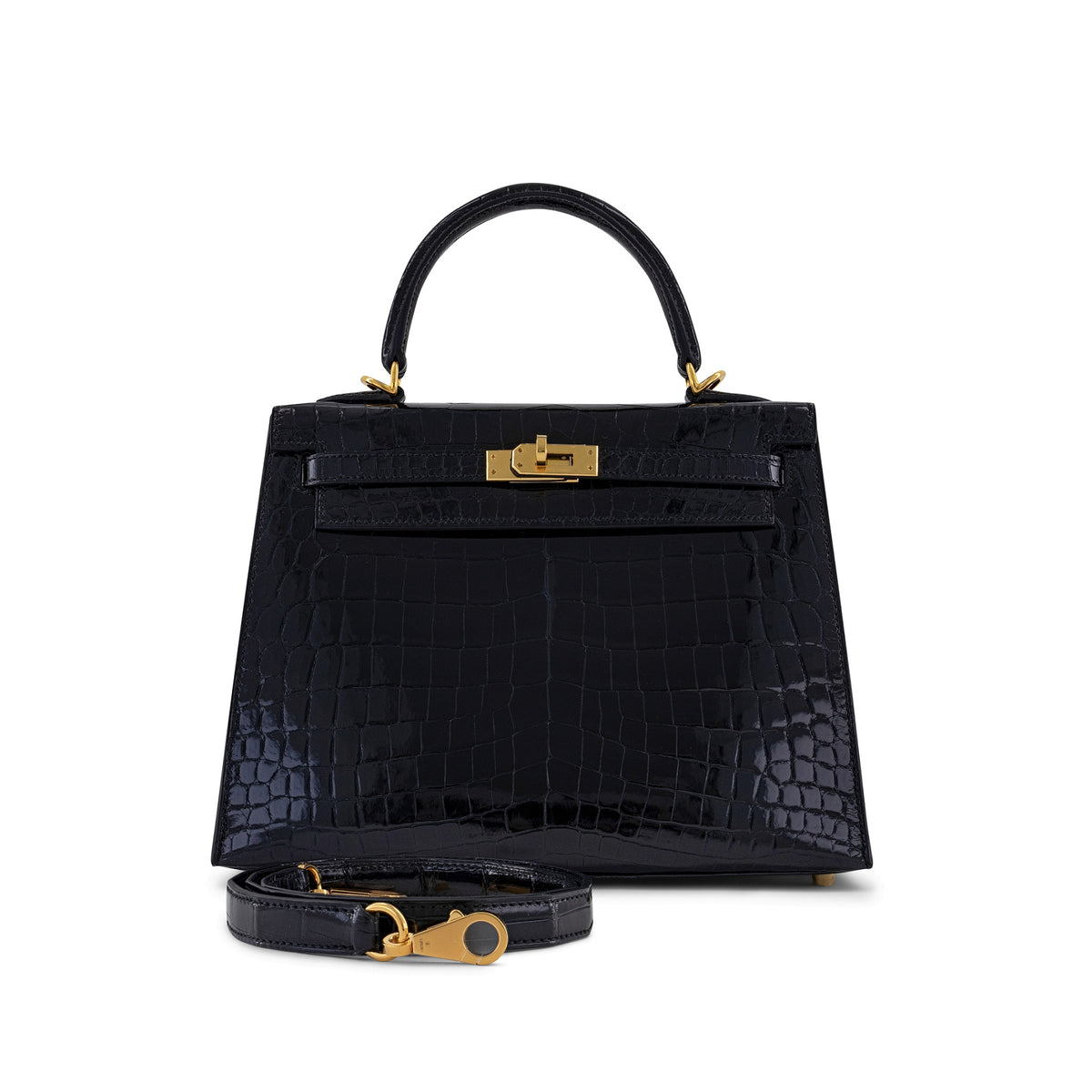 Black Shiny Crocodile Kelly 25cm GHW